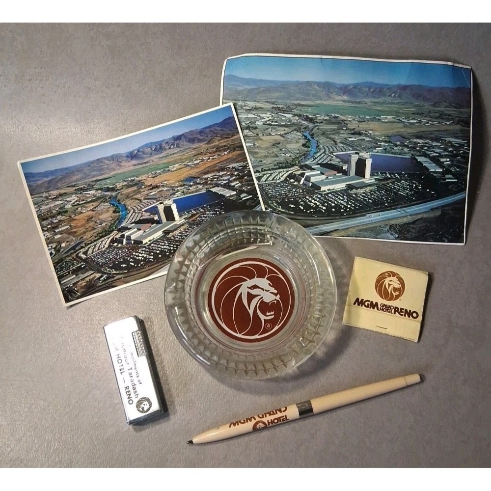 vintage MGM Grand RENO Hotel and Casino Matches, Ashtray, Lighter, Pen, Postcard